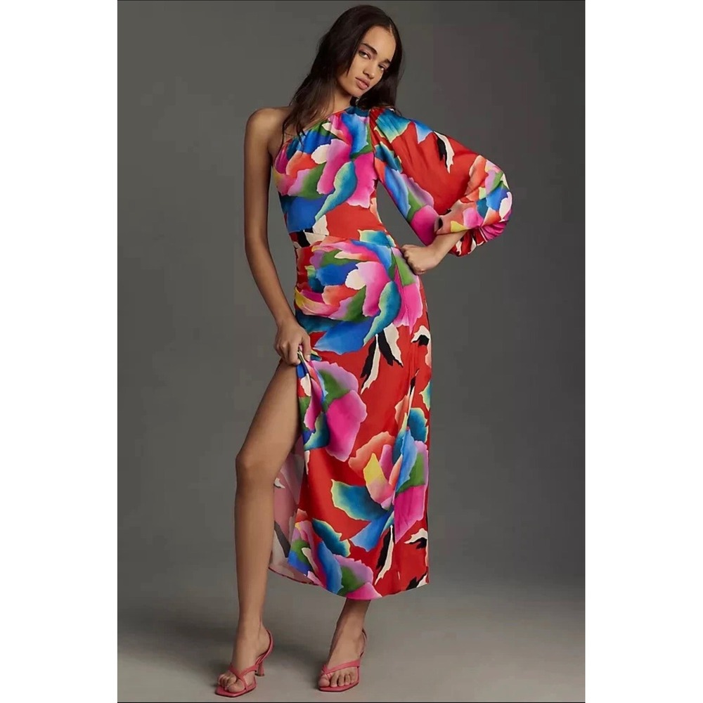 Farm Rio One Shoulder Dress Anthropologie Abstract Floral Midi Slit Size Small